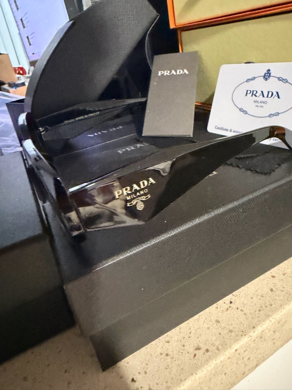 Prada Black Acetate Logo Sunglasses with Gold Detail